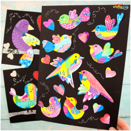 Love Bird Collage Art Project: A bright and colorful love bird collage made with squeegee-painted paper, perfect for kids' Valentine’s Day or spring art projects. Fun, easy, and creative!