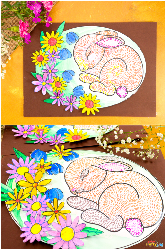 A simple sleeping bunny line art drawing with dashed lines creating a soft fur texture. The bunny is surrounded by colorful hand-painted flowers and flowing stems, adding contrast and movement to the artwork.