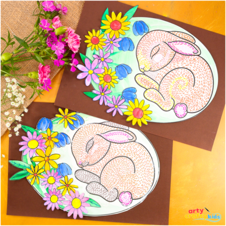 A simple sleeping bunny line art drawing with dashed lines creating a soft fur texture. The bunny is surrounded by colorful hand-painted flowers and flowing stems, adding contrast and movement to the artwork.