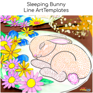 A simple sleeping bunny line art drawing with dashed lines creating a soft fur texture. The bunny is surrounded by colorful hand-painted flowers and flowing stems, adding contrast and movement to the artwork.