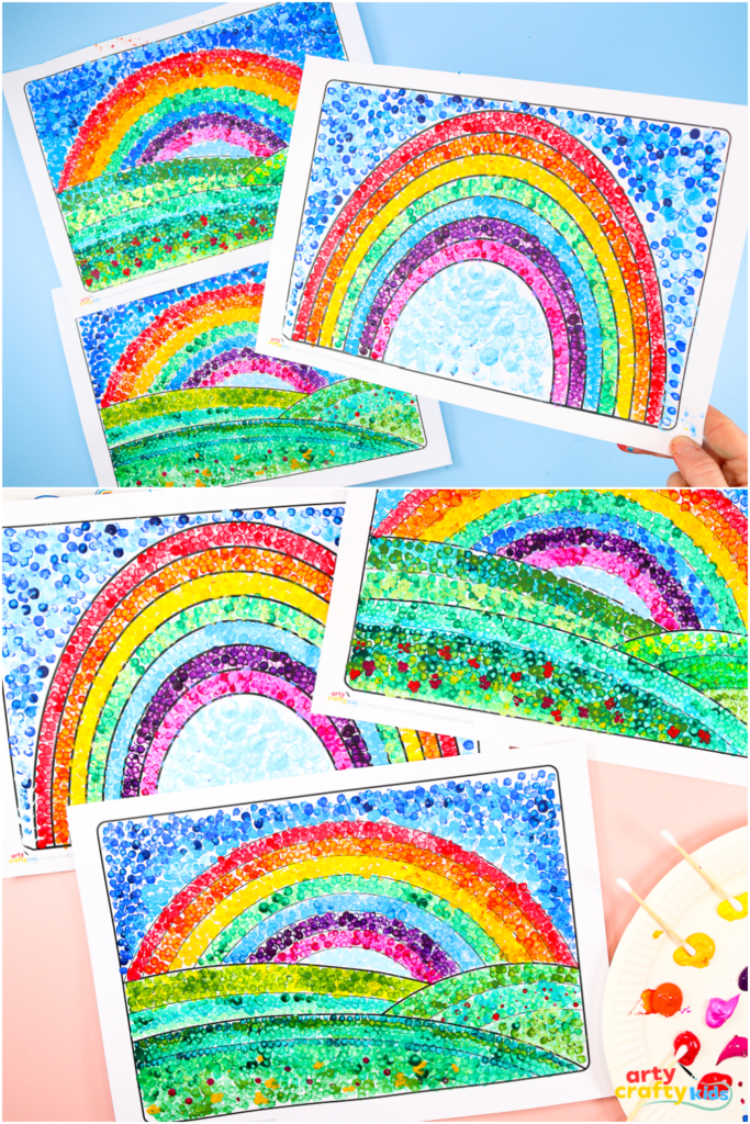 A completed rainbow pointillism painting with rolling green hills, a bright multicolored rainbow, and a blue dotted sky. Small dots of color add texture and depth to the scene.