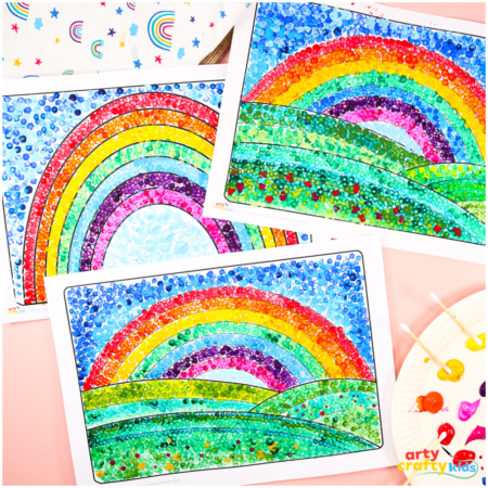 This Rainbow Pointillism Art is a fantastic way for kids to paint without brushes! Instead, they’ll use Q-tips, fingers, or even pencil erasers to build up their rainbow and sky with tiny colorful dots. A great way to explore art in a fresh and exciting way!